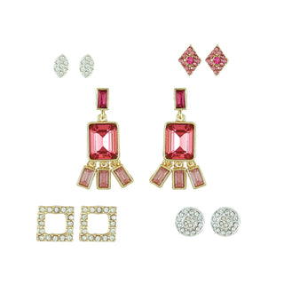 Five-pair earring set with ruby-hued crystal drops, diamond-shaped pink studs, pavé crystal squares, circular crystal studs, and gold accents, packaged in a gift box.
