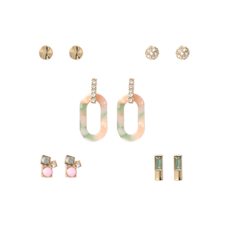Five-piece pastel earring set with marbled resin links, crystal studs, and geometric shapes in soft colors