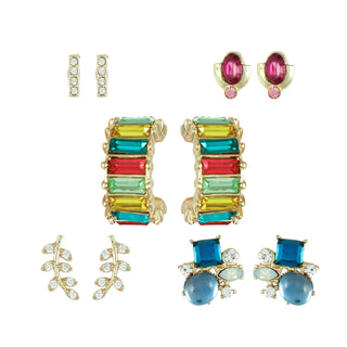 Five-pair gold earring set with emerald-cut gemstone hoops in red, green, yellow, turquoise, crystal-accented studs, leaf-inspired studs, and sapphire blue drops, packaged in a gift box.