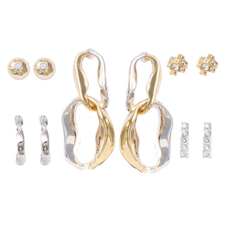 Five-pair gold and silver earring set with mixed-metal drop earrings, crystal-studded bar studs, floral accents, silver huggies, and polished gold studs, packaged in a gift box.