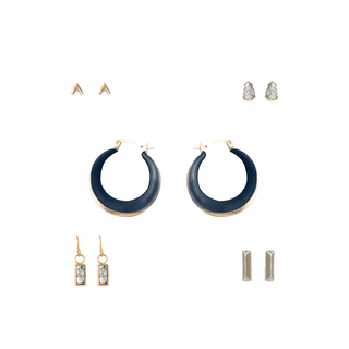 Five-piece gold earring set featuring navy blue drops, white marbled stone accents, two-tone beveled hoops, and classic gold studs, packaged in a gift box.