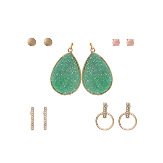 Five-piece gold earring set featuring polished gold studs, blush pink crystals, pavé-accented designs, and bold green teardrop dangles, packaged in a gift box.