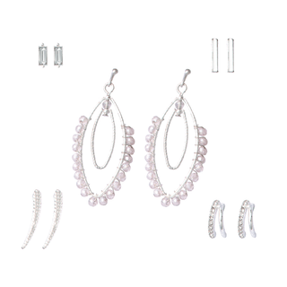 Five-piece silver earring set with soft lavender beaded hoops, crystal-accented studs, minimalist silver bars, and polished hoops, packaged in a gift box.