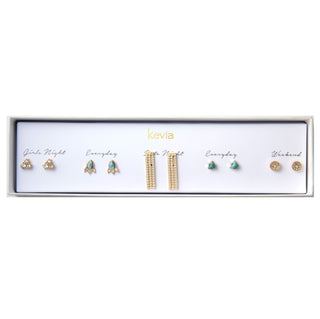 Five-pair turquoise and gold earring set featuring fringe drops and crystal accents, packaged in a gift box.