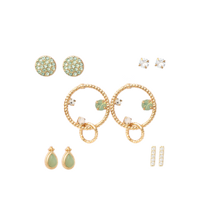 Five-pair gold earring set with green stones, crystal accents, twisted hoops, teardrop designs, and minimalist studs, packaged in a gift box.