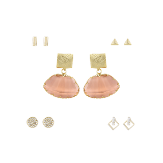 Five-piece gold earring set with blush shell drop earrings, minimalist gold bars, geometric studs, pavé-accented discs, and open diamond designs, packaged in a gift box.