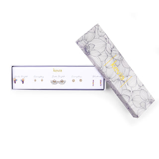 Five-pair gold earring set featuring crystal fans, amethyst gem bar studs, and multicolor gemstone drops packaged in a gift box.