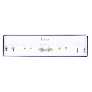 Five-pair gold earring set featuring crystal fans, amethyst gem bar studs, and multicolor gemstone drops packaged in a gift box.