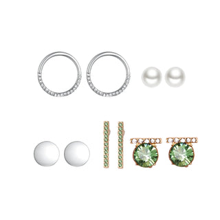 Five-pair earring set featuring silver-tone crystal hoops, pearl studs, minimalist discs, chrysolite crystal bar accents, and chrysolite gemstone studs, packaged in a gift box.