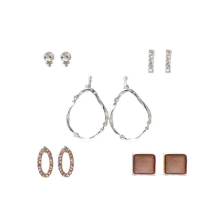 Five-pair silver and bronze earring set featuring sculptural silver hoops with crystals, champagne oval studs, bronze square studs, minimalist silver bars, and crystal-accented studs, packaged in a gift box.
