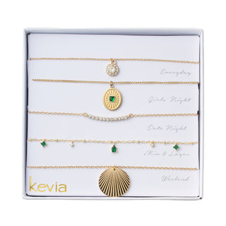 Textured Gold Charm & Green Stone Necklace Set