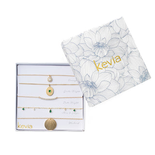 Textured Gold Charm & Green Stone Necklace Set