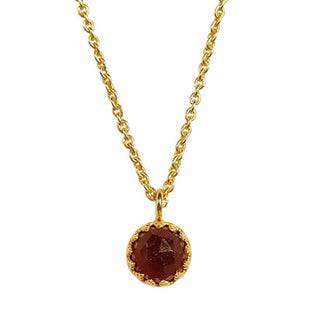 Gold chain necklace with a round faceted garnet quartz pendant in a decorative bezel setting, perfect for adding a pop of color and elegance. Rococo Necklace - Garnet Quartz, Necklace - Kevia Style, LLC