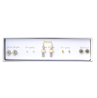 Five-pair gold earring set with opalescent drops, mint and blush accents, pearl studs, and teal crystal halos, packaged in a gift box.