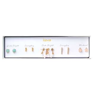 Five-pair gold earring set featuring mint green studs, blush pink drops, freshwater pearl hoops, gold bar accents, and minimalist gold spheres, packaged in a gift box.