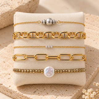 Gold Link & Pearl Bracelet Set