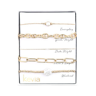 Gold Link & Pearl Bracelet Set