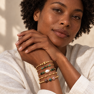 Green Stone & Pearl Bracelet Set