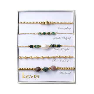 Green Stone & Pearl Bracelet Set