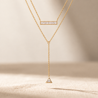 Vita Gold Lariat Necklace with Geometric Pendant and Clear Bar Charm