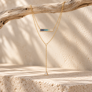 Vita Lariat Necklace with Geometric Pendant and Blue Bar Charm
