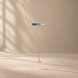 Vita Lariat Necklace with Geometric Pendant and Blue Bar Charm