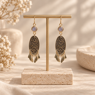 Dark patina oval drop earrings with floral engraving, dangling leaf charms and round labradorite tops.
