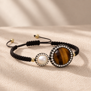 Vie Boheme Tiger's Eye & Pearl Macrame Bracelet