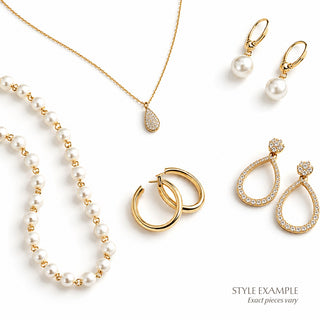 Style example image for The Sophisticated + Classy Curated Jewelry Bundle featuring pearl, crystal, and gold jewelry, including necklaces, hoop earrings, drop earrings, and a pearl necklace.