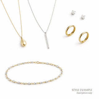 Style example image for The Minimal + Delicate Curated Jewelry Bundle featuring delicate necklaces, small stud earrings, gold hoop earrings, and a beaded bracelet.