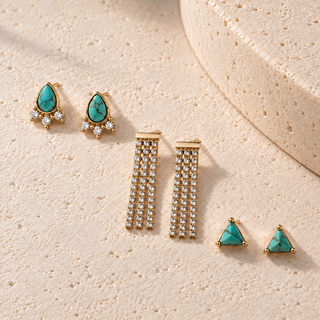 Turquoise and Fringe Crystal Gold Earring Set
