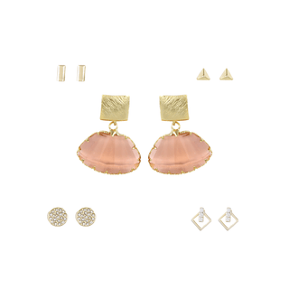 Brushed Gold & Pink Stone Drop Earring Set