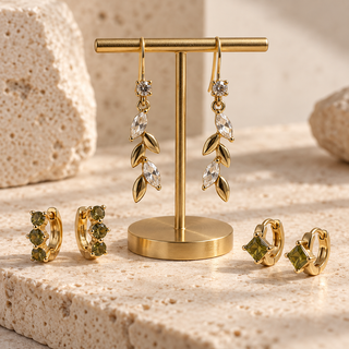 Gold Leaf and Green Stone Earring Set