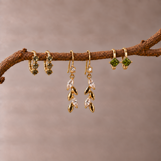 Gold Leaf and Green Stone Earring Set