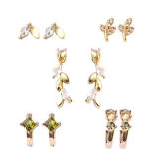 Gold Leaf and Green Stone Earring Set