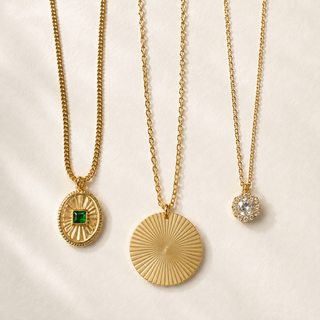 Textured Gold Charm & Green Stone Necklace Set