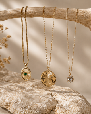 Textured Gold Charm & Green Stone Necklace Set