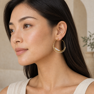 Model wearing gold hoop earrings with opal accents and dangling crystal charms.