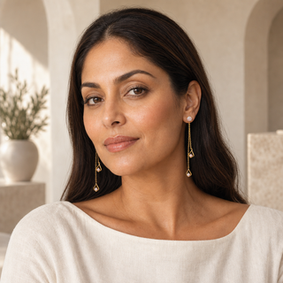 Model wearing gold double chain drop earrings with opals and teardrop pendants.