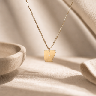 Gold chain necklace with a Arkansas-shaped pendant and a small crystal accent.