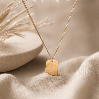 Gold chain necklace with a Arizona-shaped pendant and a small crystal accent.