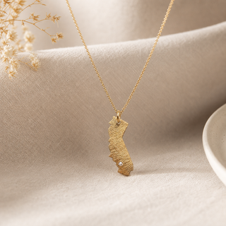 Gold chain necklace with a textured California-shaped pendant and a small crystal accent.