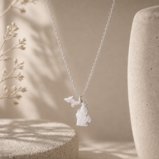 Silver chain necklace with a Michigan-shaped pendant and a small crystal accent.