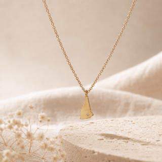 Gold chain necklace with a New Hampshire-shaped pendant and a small crystal accent.