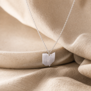 Silver chain necklace with a Ohio-shaped pendant and a small crystal accent.