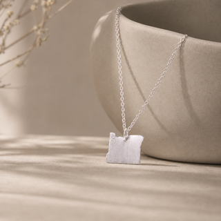 Silver chain necklace with a Oregon-shaped pendant and a small crystal accent.