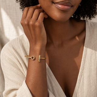 Vita Geometric Charm and Gemstone Gold Open Cuff - model 2