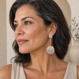 Model wearing gold drop earrings with hammered round studs and round horn pendants partly covered with hammered metal.