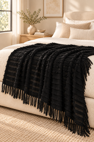 Black Textured Knit Blanket Scarf — 5. styled as a blanket
