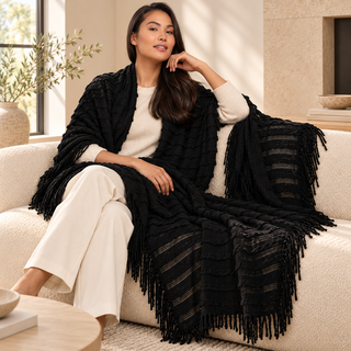 Black Textured Knit Blanket Scarf — 4. model on a couch